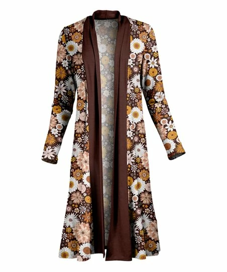 Lily | Brown & Gold Floral Long-Line Open Cardigan - Plus 1 Lily | Brown & Gold Floral Long-Line Open Cardigan - Plus