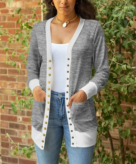 Lily | Gray & White Contrast Button-Up Pocket Cardigan - Plus 1 Lily | Gray & White Contrast Button-Up Pocket Cardigan - Plus
