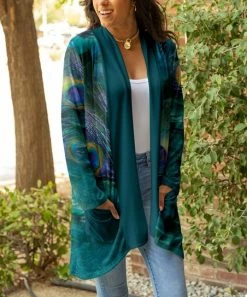 Lily | Teal & Green Abstract Pocket Open Cardigan - Plus