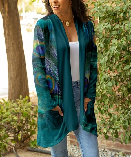 Lily | Teal & Green Abstract Pocket Open Cardigan - Plus 1 Lily | Teal & Green Abstract Pocket Open Cardigan - Plus