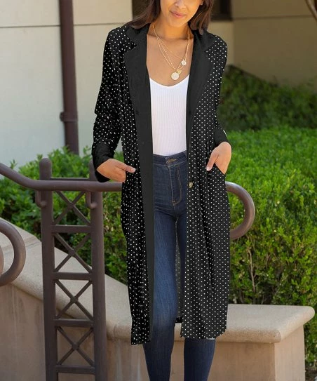 Lily | Black & White Pin Dot Velvet Long-Sleeve Duster - Women 1 Lily | Black & White Pin Dot Velvet Long-Sleeve Duster - Women