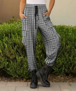 Lily | White & Black Plaid Drawstring-Waist Cargo Pants - Plus