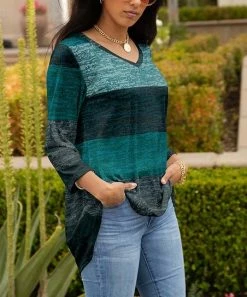 Lily | Teal & Dark Gray Stripe Long-Sleeve V-Neck Tunic - Plus