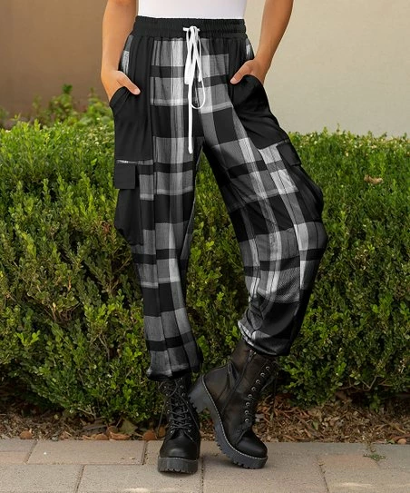 Lily | Black & White Plaid Drawstring Cargo Pants - Plus 1 Lily | Black & White Plaid Drawstring Cargo Pants - Plus