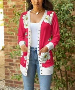 Lily | Fuchsia & White Floral Snap-Button Pocket Cardigan - Plus
