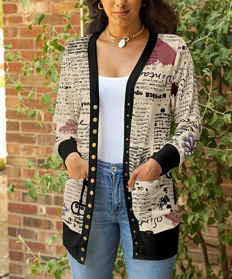 Lily | Beige & Mauve 'Vintage' Pocket Snap-Up V-Neck Cardigan - Plus 1 Lily | Beige & Mauve 'Vintage' Pocket Snap-Up V-Neck Cardigan - Plus