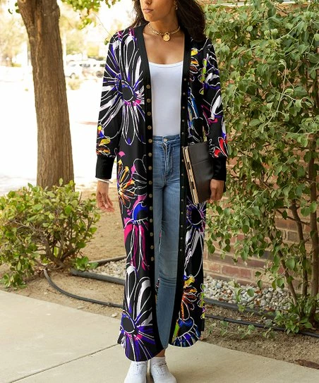 Lily | Black & Pink Neon Floral Button-Front Duster - Plus 1 Lily | Black & Pink Neon Floral Button-Front Duster - Plus