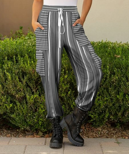 Lily | Gray & White Stripe Drawstring Cargo Pants - Plus 1 Lily | Gray & White Stripe Drawstring Cargo Pants - Plus