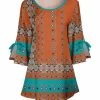 Lily | Orange & Turquoise Geometric Tie-Sleeve Scoop Neck Tunic - Plus