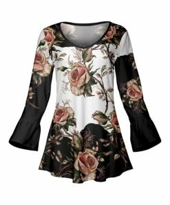 Lily | Black & Taupe Floral Bell-Sleeve Scoop Neck Tunic - Plus