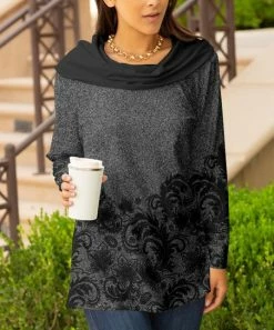 Lily | Black & Gray Arabesque Long-Sleeve Cowl Neck Tunic - Women