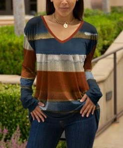 Lily | Rust & Blue Stripe Long-Sleeve V-Neck Tunic - Plus