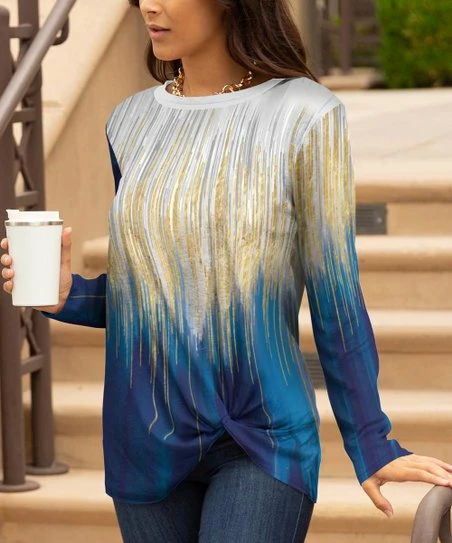 Lily | Blue & Gold Abstract Knot-Hem Tunic - Plus 1 Lily | Blue & Gold Abstract Knot-Hem Tunic - Plus
