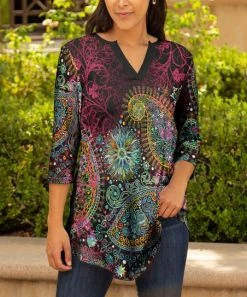 Lily | Black & Green Paisley Notch Neck Three-Quarter Sleeve Tunic - Plus