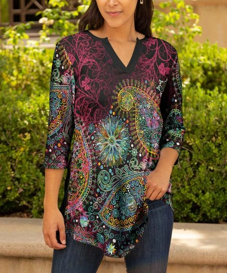 Lily | Black & Green Paisley Notch Neck Three-Quarter Sleeve Tunic - Plus 1 Lily | Black & Green Paisley Notch Neck Three-Quarter Sleeve Tunic - Plus
