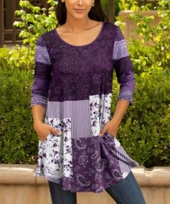 Lily | Purple & White Patchwork Pocket Scoop Neck Tunic - Women & Plus