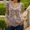 Lily | Brown & Blue Paisley V-Neck Long-Sleeve Tunic - Plus