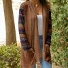 Lily | Brown & Purple Geometric Knit-Print Pocket Open Cardigan - Women