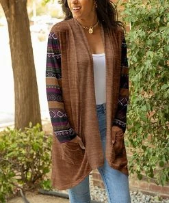 Lily | Brown & Purple Geometric Knit-Print Pocket Open Cardigan - Women