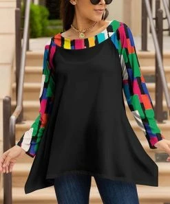 Lily | Black Multicolor Geometric Long-Sleeve Side-Tail Tunic - Women