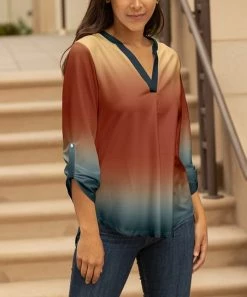 Lily | Rust & Navy Ombré Roll-Tab Sleeve V-Neck Tunic - Plus