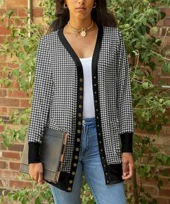 Lily | Black Houndstooth Pocket Snap-Button Cardigan - Plus