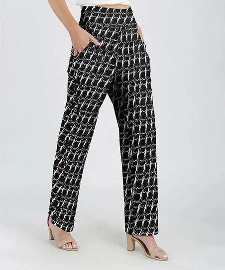 Lily | Black & White Abstract Pocket Straight-Leg Pants - Women 1 Lily | Black & White Abstract Pocket Straight-Leg Pants - Women
