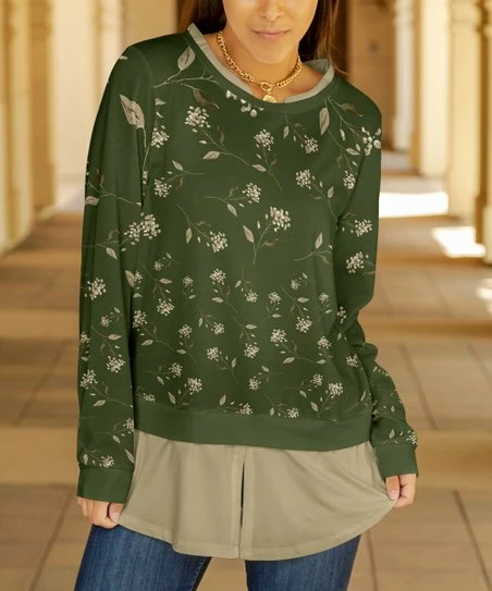 Lily | Green & Beige Floral Split-Hem Long-Sleeve Tunic - Women 1 Lily | Green & Beige Floral Split-Hem Long-Sleeve Tunic - Women