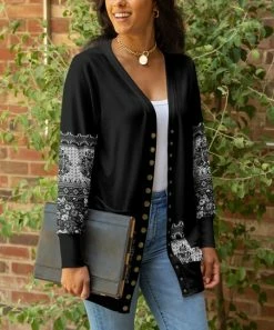 Lily | Black & White Floral Snap-Button Pocket Cardigan - Plus