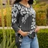Lily | Charcoal & Light Gray Leaf Long-Sleeve V-Neck Tunic - Women