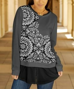 Lily | Black & Gray Arabesque Split-Hem Long-Sleeve Tunic - Women