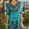 Lily | Aqua & Brown Damask Lace-Up Velvet V-Neck Tunic - Plus