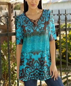 Lily | Aqua & Brown Damask Lace-Up Velvet V-Neck Tunic - Plus