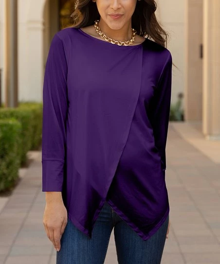 Lily | Purple Asymmetrical-Hem Long-Sleeve Tunic - Women 1 Lily | Purple Asymmetrical-Hem Long-Sleeve Tunic - Women