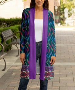 Lily | Teal & Purple Abstract Open-Front Cardigan - Plus