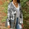 Lily | White & Black Damask Pocket Snap-Button Cardigan - Women