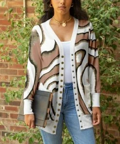 Lily | Mica & White Abstract Pocket Snap-Button Cardigan - Women