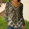 Lily | Black & Gold Floral Long-Sleeve V-Neck Tunic - Women
