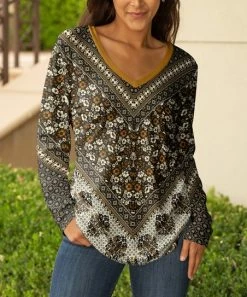 Lily | Black & Gold Floral Long-Sleeve V-Neck Tunic - Women