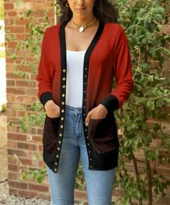 Lily | Black & Red Ombré Pocket Snap-Button Cardigan - Women