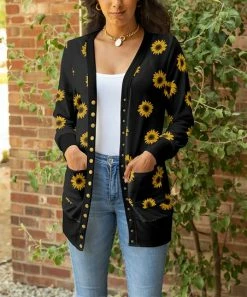 Lily | Black & Gold Floral Pocket Snap-Button Cardigan - Women & Plus