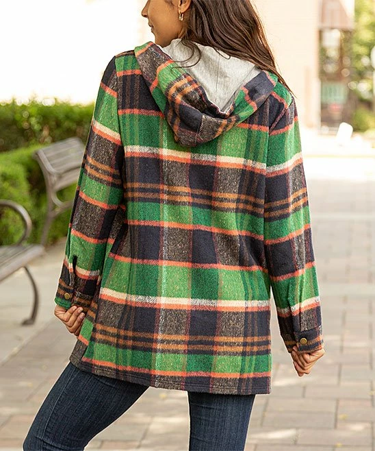 Lily | Green & Brown Plaid Pocket Hooded Button-Up Flannel - Women & Plus 2 Lily | Green & Brown Plaid Pocket Hooded Button-Up Flannel - Women & Plus - Image 2