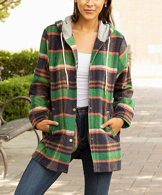 Lily | Green & Brown Plaid Pocket Hooded Button-Up Flannel - Women & Plus 1 Lily | Green & Brown Plaid Pocket Hooded Button-Up Flannel - Women & Plus