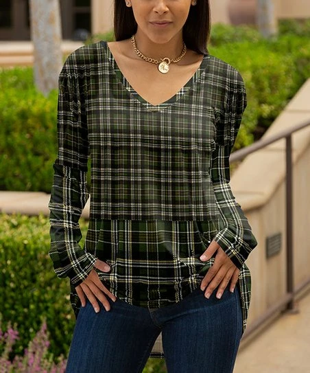 Lily | Olive & Black Plaid Long-Sleeve V-Neck Tunic - Women 1 Lily | Olive & Black Plaid Long-Sleeve V-Neck Tunic - Women