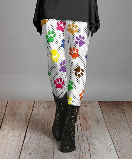 Lily | White & Purple Paw-Print Leggings - Plus 1 Lily | White & Purple Paw-Print Leggings - Plus