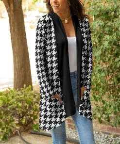 Lily | White & Black Houndstooth Pocket Open Cardigan - Women