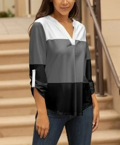 Lily | Black & Gray Color Block Roll-Tab Sleeve V-Neck Tunic - Plus