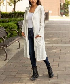 Lily | White Cable-Knit Pocket Hooded Duster - Women & Plus