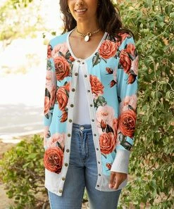 Lily | Aqua & Red Floral Snap-Up Cardigan - Women