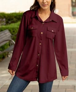 Lily | Dark Red Pocket Shacket - Plus